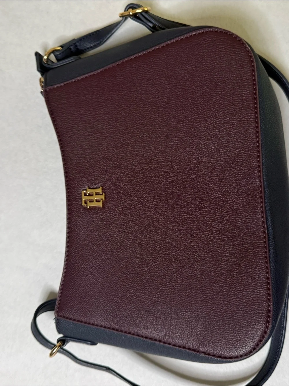 Tommy Hilfiger Burgundy and Black Pebbled Leather Shoulder Crossbody